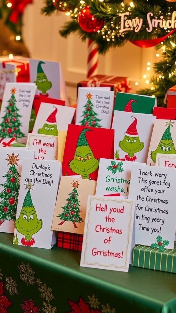 A variety of Grinch-themed Christmas cards on a festive table with holiday decorations.